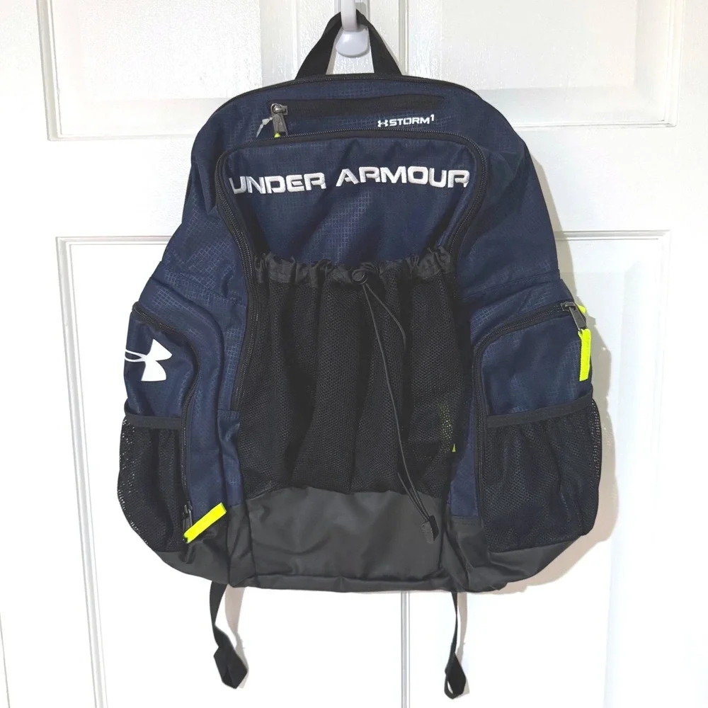 Under Armour Storm 1 Backpack Mens Navy Blue Black Neon Yellow Gym School Bag